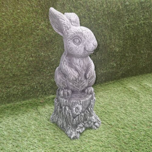 Rabbit Sat on a Tree Stump Concrete Ornament